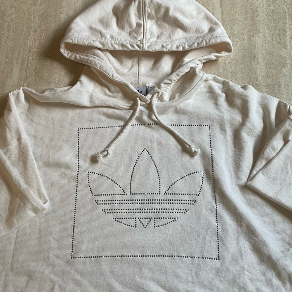 Adidas Cotton Cropped Hoodie Rhinestones Logo Chalk White XS - NWOT